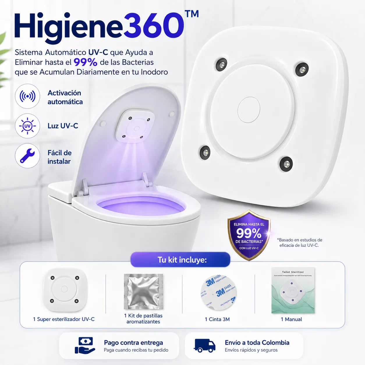Higiene360™ – Sistema Automático UV-C que Ayuda a Eliminar hasta el 99% de las Bacterias que se Acumulan Diariamente en tu Inodoro 🦠 🥽