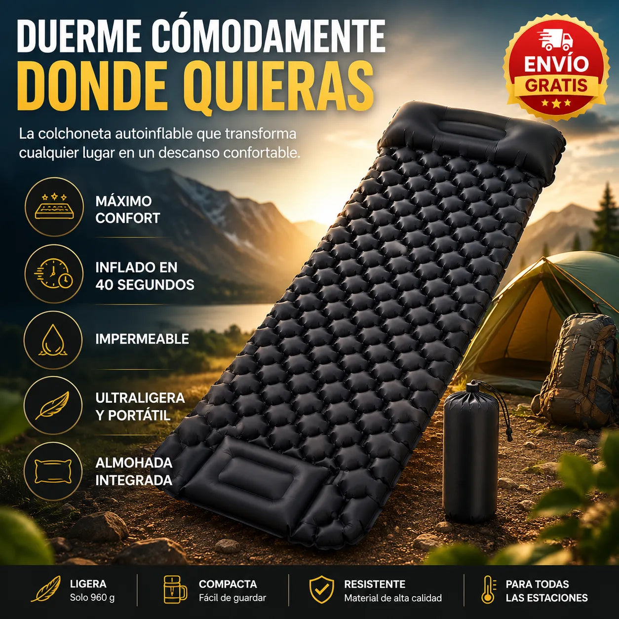 Colchoneta Camping Autoinflable – Duerme Cómodamente Donde Quieras, Ultraligera, Impermeable y con Almohada Integradatátil para Camping, Senderismo y Viajes