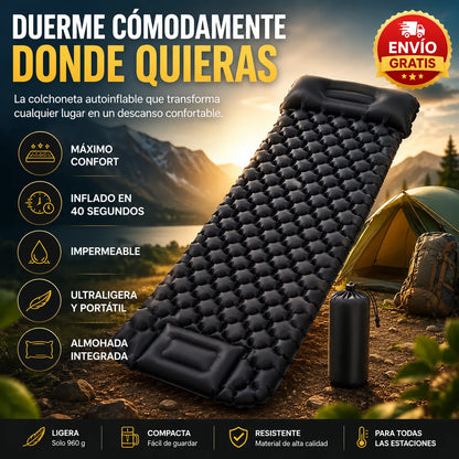 Colchoneta Camping Autoinflable – Ultraligera y con Almohada Integrada para Camping