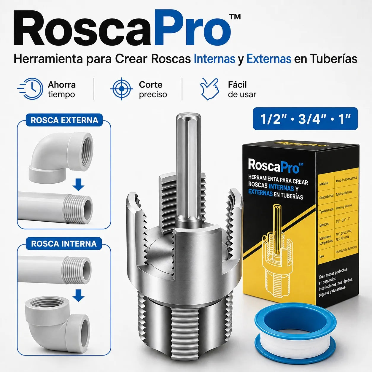 RoscaPro™ – KIT de Herramientas para Crear Roscas Internas y Externas en Tuberías  1/2"  3/4"...