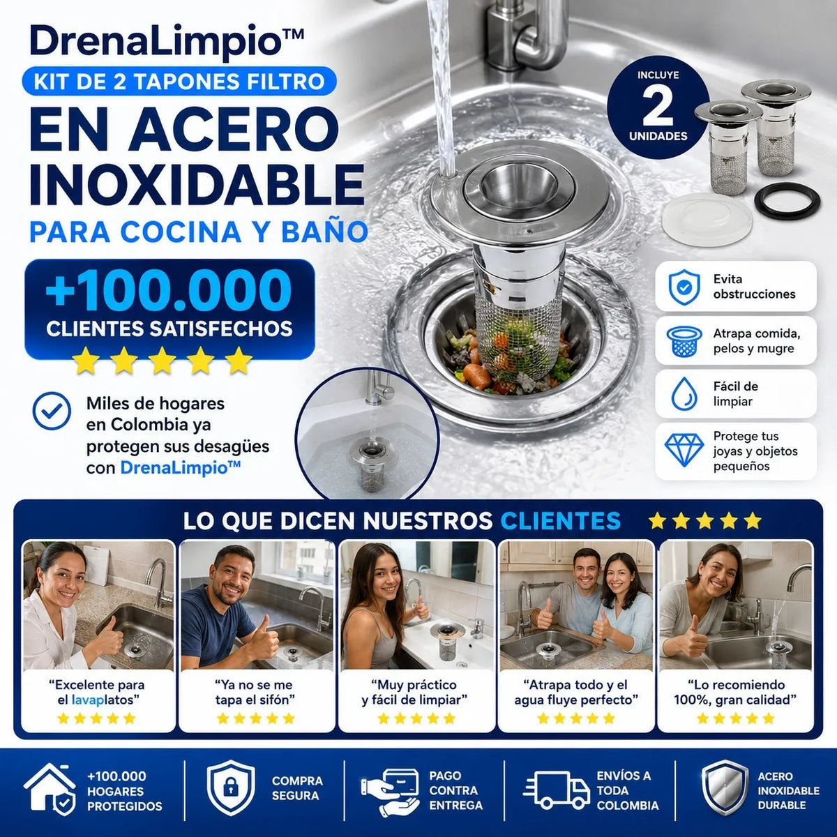 DrenaLimpio™ – Kit de 2 Tapones Filtro en Acero Inoxidable para Cocina y Baño 🔥