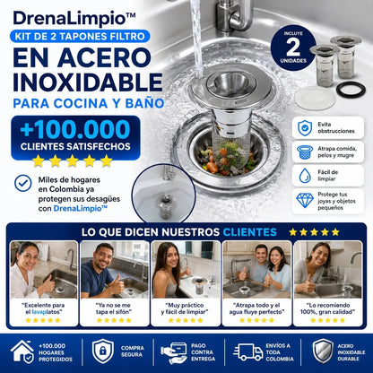 DrenaLimpio™ – Kit de 2 Tapones Filtro en Acero Inoxidable para Cocina y Baño 🔥