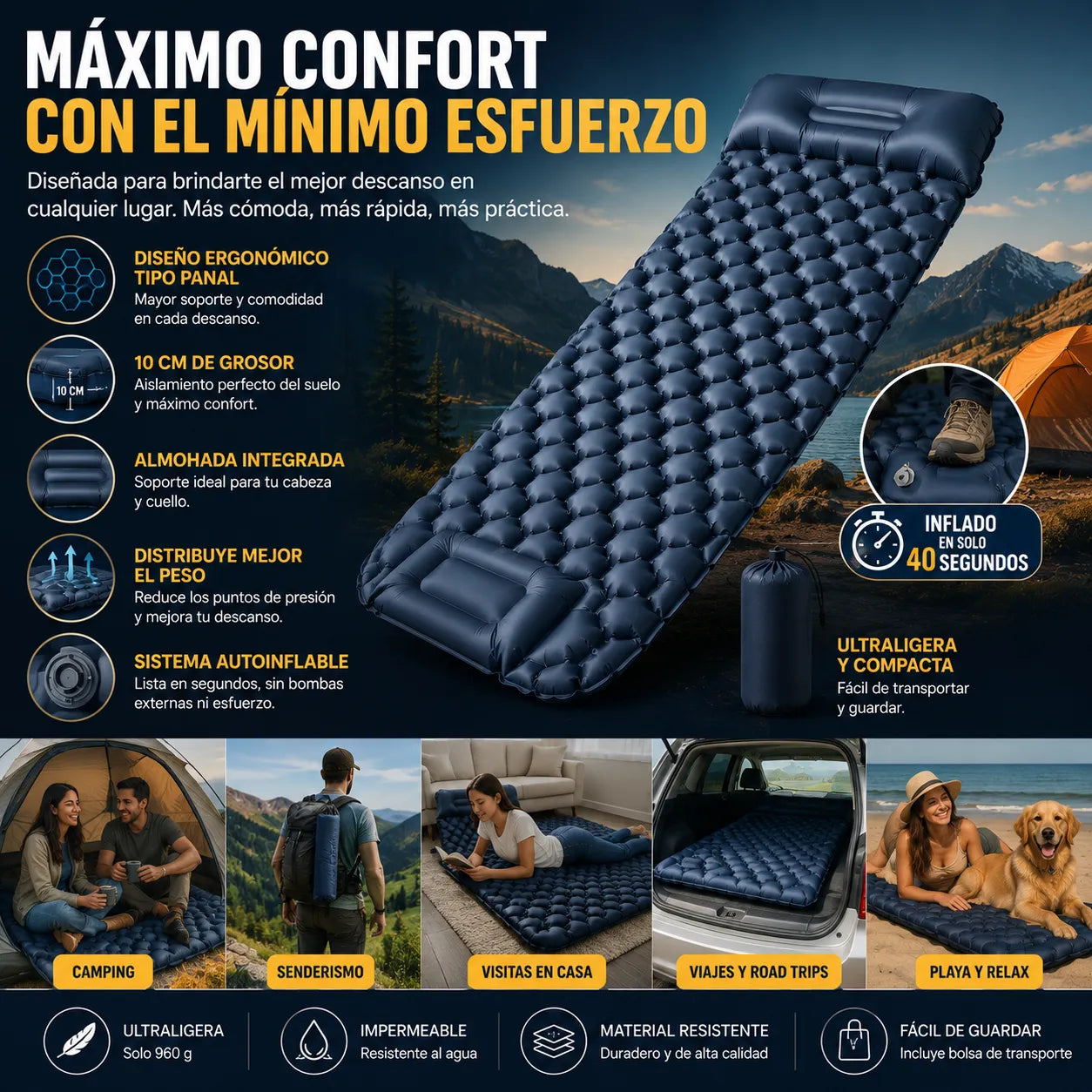 Colchoneta Camping Autoinflable – Duerme Cómodamente Donde Quieras, Ultraligera, Impermeable y con Almohada Integradatátil para Camping, Senderismo y Viajes