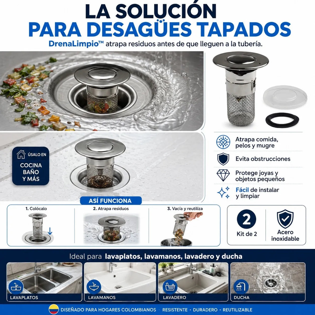 DrenaLimpio™ – Kit de 2 Tapones Filtro en Acero Inoxidable para Cocina y Baño 🔥
