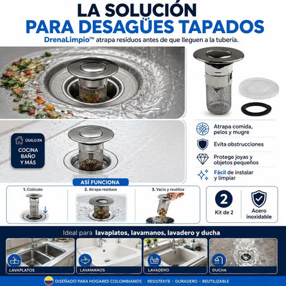 DrenaLimpio™ – Kit de 2 Tapones Filtro en Acero Inoxidable para Cocina y Baño 🔥