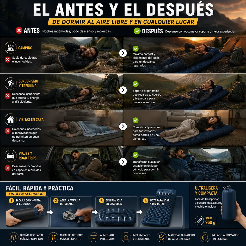 Colchoneta Camping Autoinflable – Duerme Cómodamente Donde Quieras, Ultraligera, Impermeable y con Almohada Integradatátil para Camping, Senderismo y Viajes