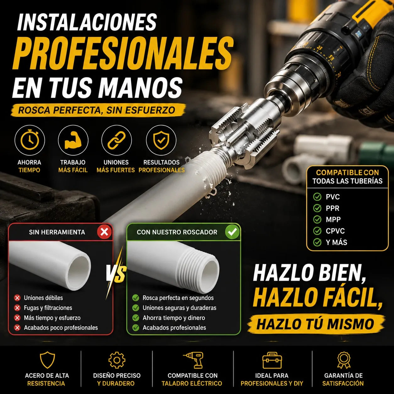 RoscaPro™ – KIT de Herramientas para Crear Roscas Internas y Externas en Tuberías  1/2"  3/4"...
