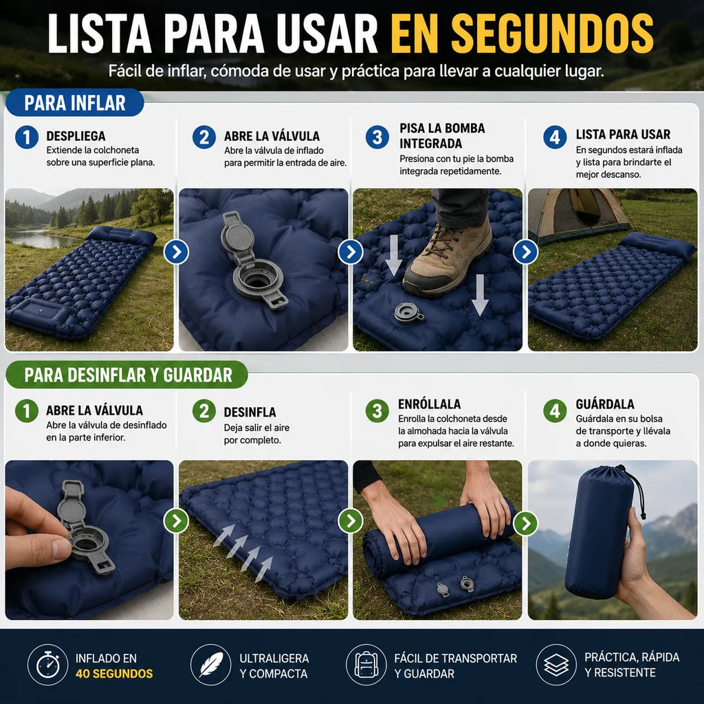 Colchoneta Camping Autoinflable – Duerme Cómodamente Donde Quieras, Ultraligera, Impermeable y con Almohada Integradatátil para Camping, Senderismo y Viajes