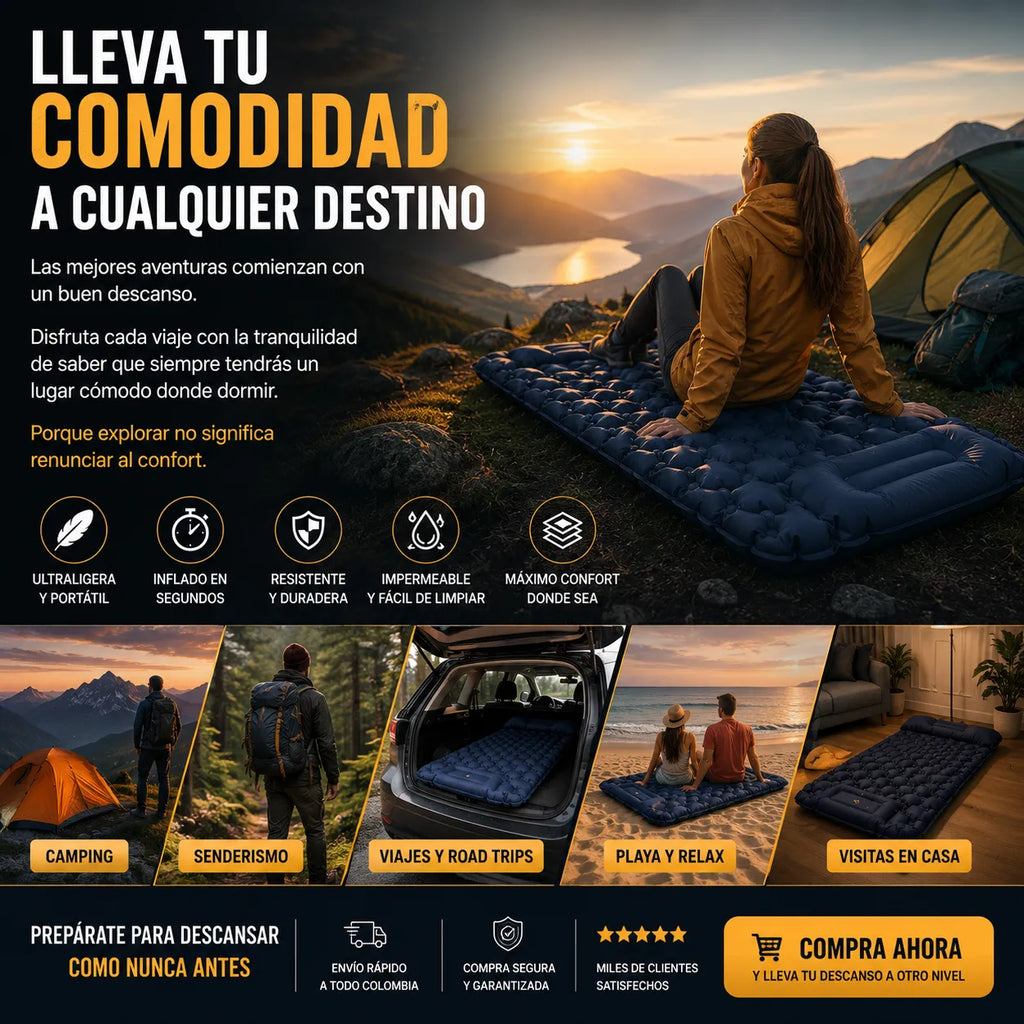 Colchoneta Camping Autoinflable – Duerme Cómodamente Donde Quieras, Ultraligera, Impermeable y con Almohada Integradatátil para Camping, Senderismo y Viajes