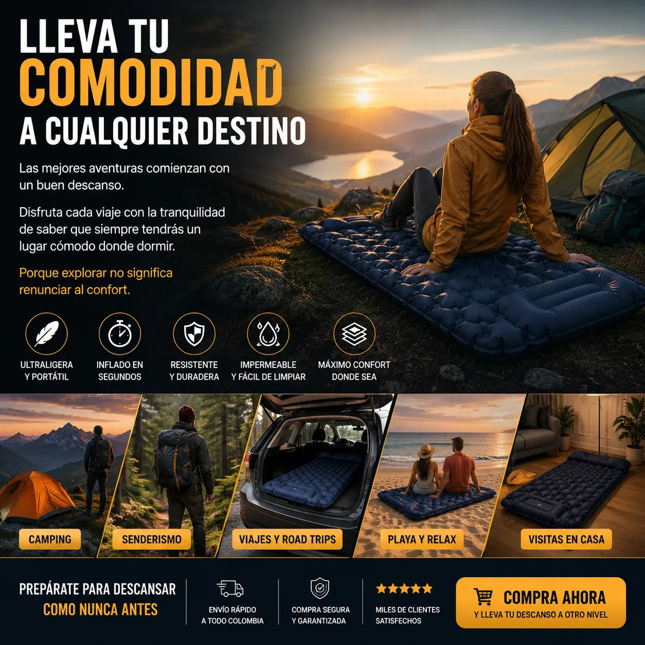 Colchoneta Camping Autoinflable – Duerme Cómodamente Donde Quieras, Ultraligera, Impermeable y con Almohada Integradatátil para Camping, Senderismo y Viajes