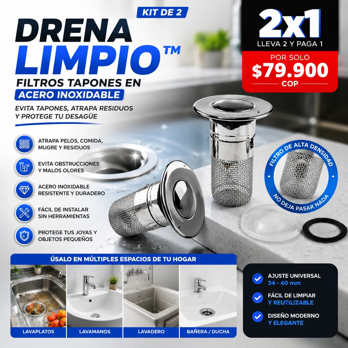 DrenaLimpio™ – Kit de 2 Tapones Filtro en Acero Inoxidable para Cocina y Baño 🔥