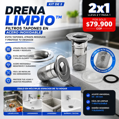 DrenaLimpio™ – Kit de 2 Tapones Filtro en Acero Inoxidable para Cocina y Baño 🔥